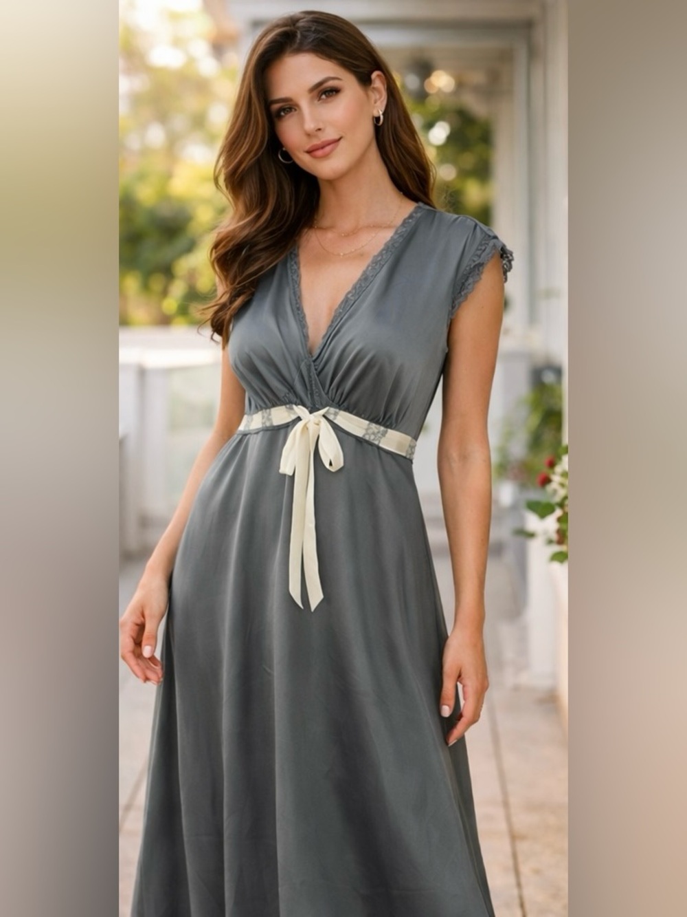 Charcoal Satin Maxi Dress with Ivory Tie by Unknown Brand